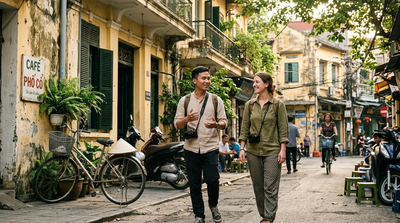 Figure: Local photo guide and traveler walking through historic Old Quarter alley in Hanoi morning light