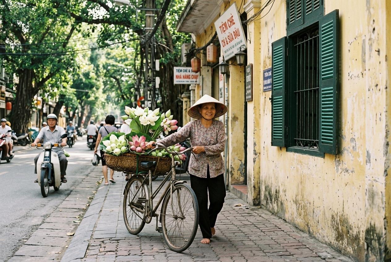 Figure: Hanoi street vendor with vintage bicycle laden with fresh lotus flowers along yellow colonial wallFigure: Hanoi street vendor with vintage bicycle laden with fresh lotus flowers along yellow colonial wall